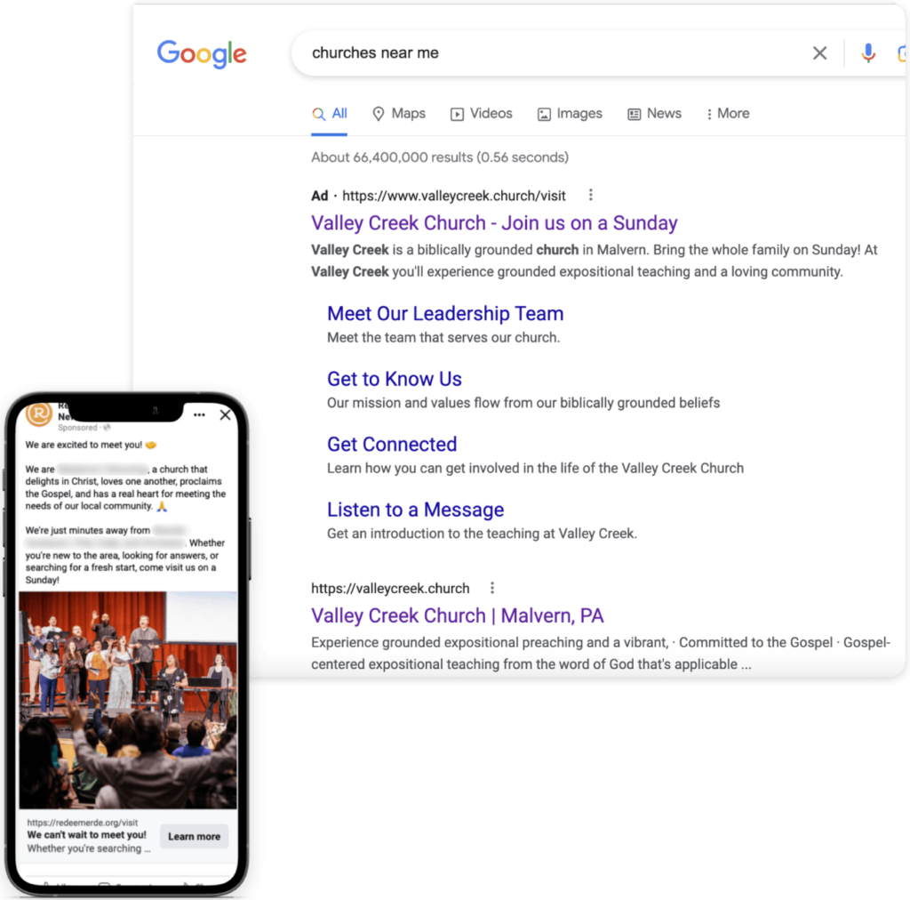 Google search results page with Google ad, and a phone screen showing a social ad.