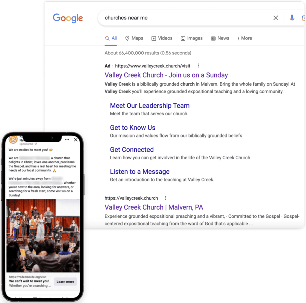 Google search results page with Google ad, and a phone screen showing a social ad.