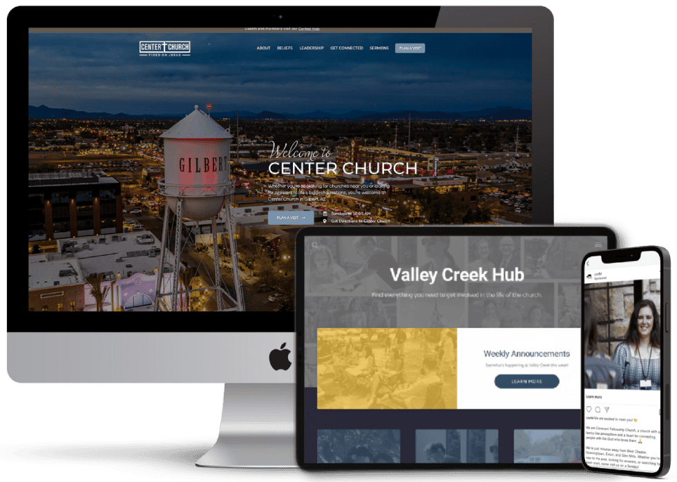 Computer screen with church website, a tablet screen with a church hub, and a mobile phone with a social ad displaying the strategy of Digital Outreach.