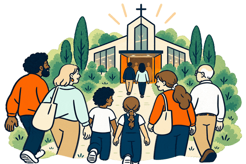A diverse group of adults and children walking up a path toward a church with its doors open.
